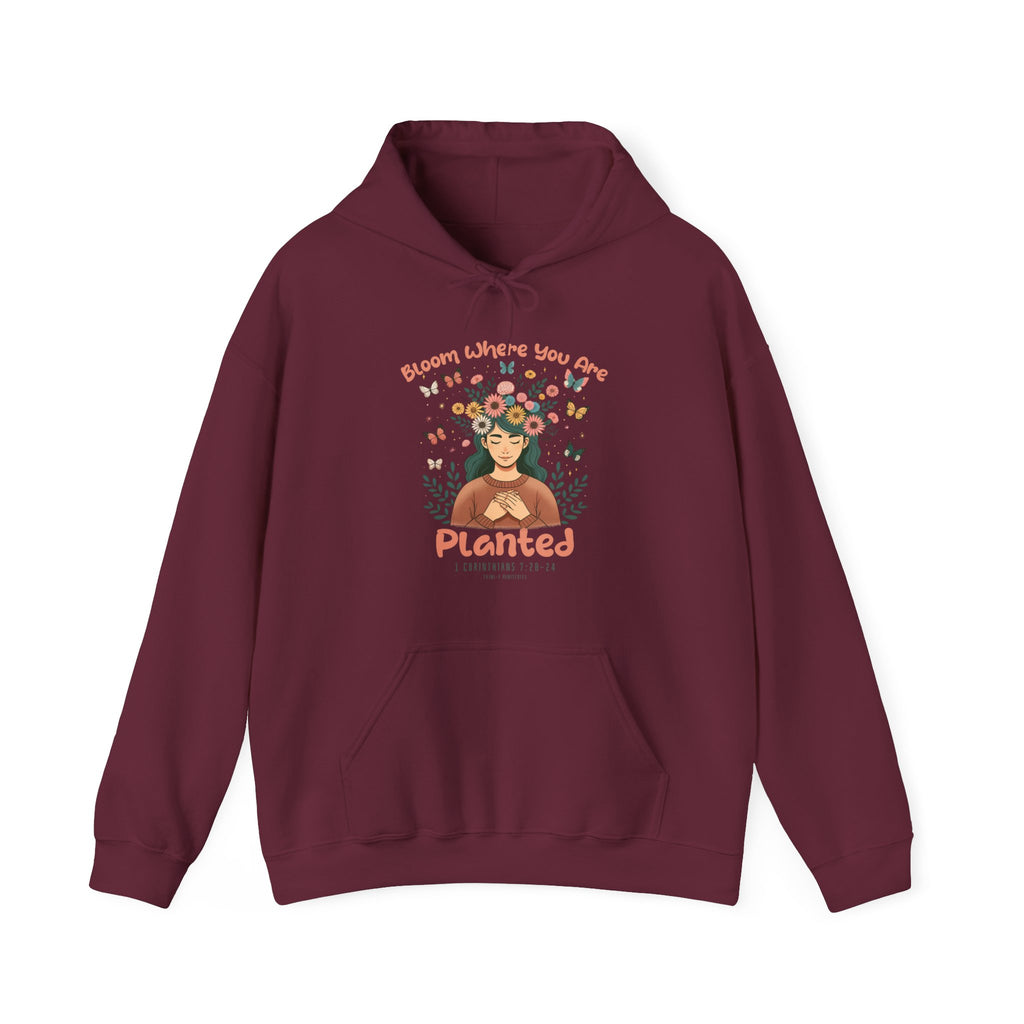 Bloom Where You Are Planted - Hoodie -  Maroon / S, Navy / S, Sport Grey / S, White / S, Black / S, Light Blue / S, Maroon / M, Navy / M, Sport Grey / M, White / M -  Trini-T Ministries