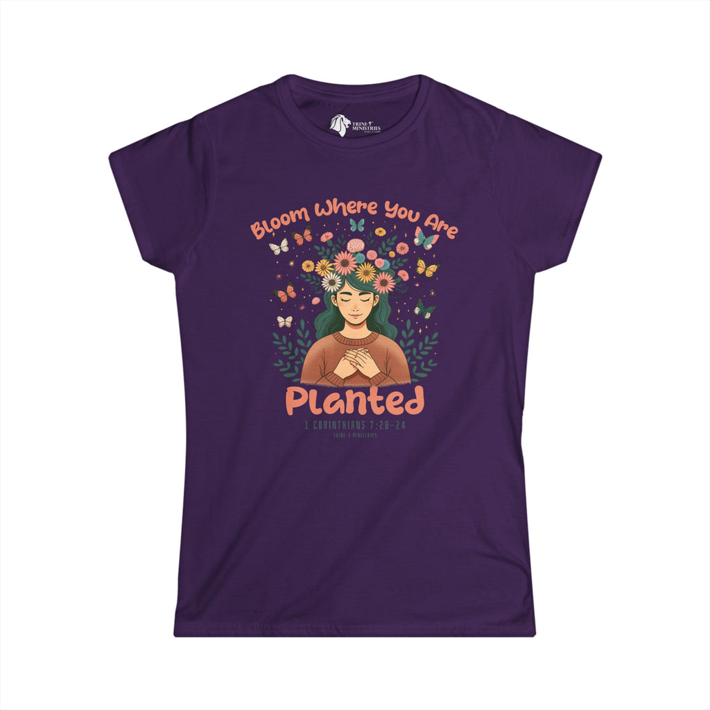 Flat lay 'Bloom Where You Are Planted' Softstyle Tee in Purple