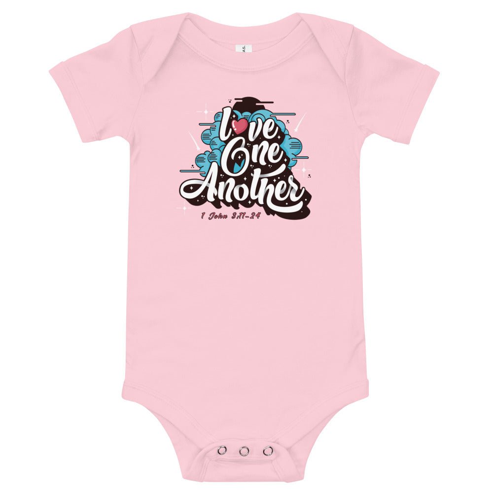 Love One Another - Baby’s Romper -  Black / 3-6m, Black / 6-12m, Black / 12-18m, Black / 18-24m, Dark Grey Heather / 3-6m, Dark Grey Heather / 6-12m, Dark Grey Heather / 12-18m, Dark Grey Heather / 18-24m, Heather Columbia Blue / 3-6m, Heather Columbia Blue / 6-12m -  Trini-T Ministries