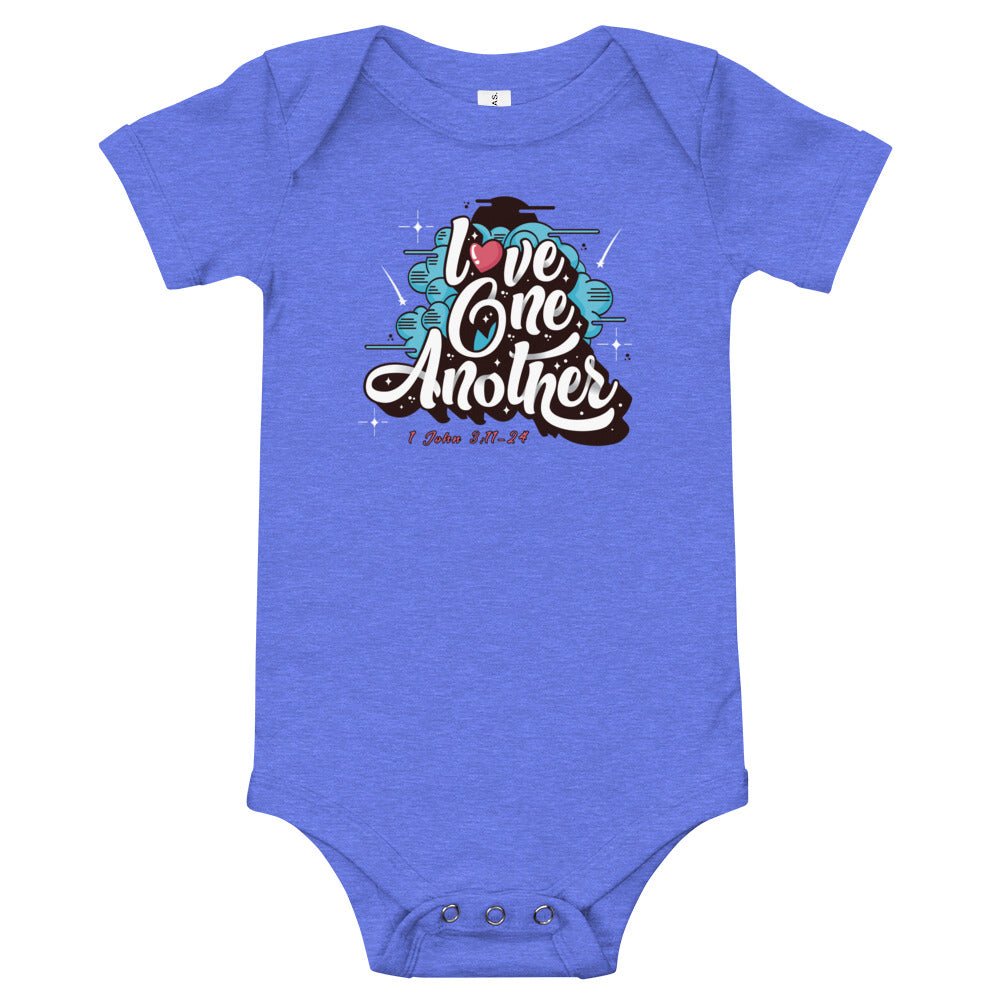 Love One Another - Baby’s Romper -  Black / 3-6m, Black / 6-12m, Black / 12-18m, Black / 18-24m, Dark Grey Heather / 3-6m, Dark Grey Heather / 6-12m, Dark Grey Heather / 12-18m, Dark Grey Heather / 18-24m, Heather Columbia Blue / 3-6m, Heather Columbia Blue / 6-12m -  Trini-T Ministries
