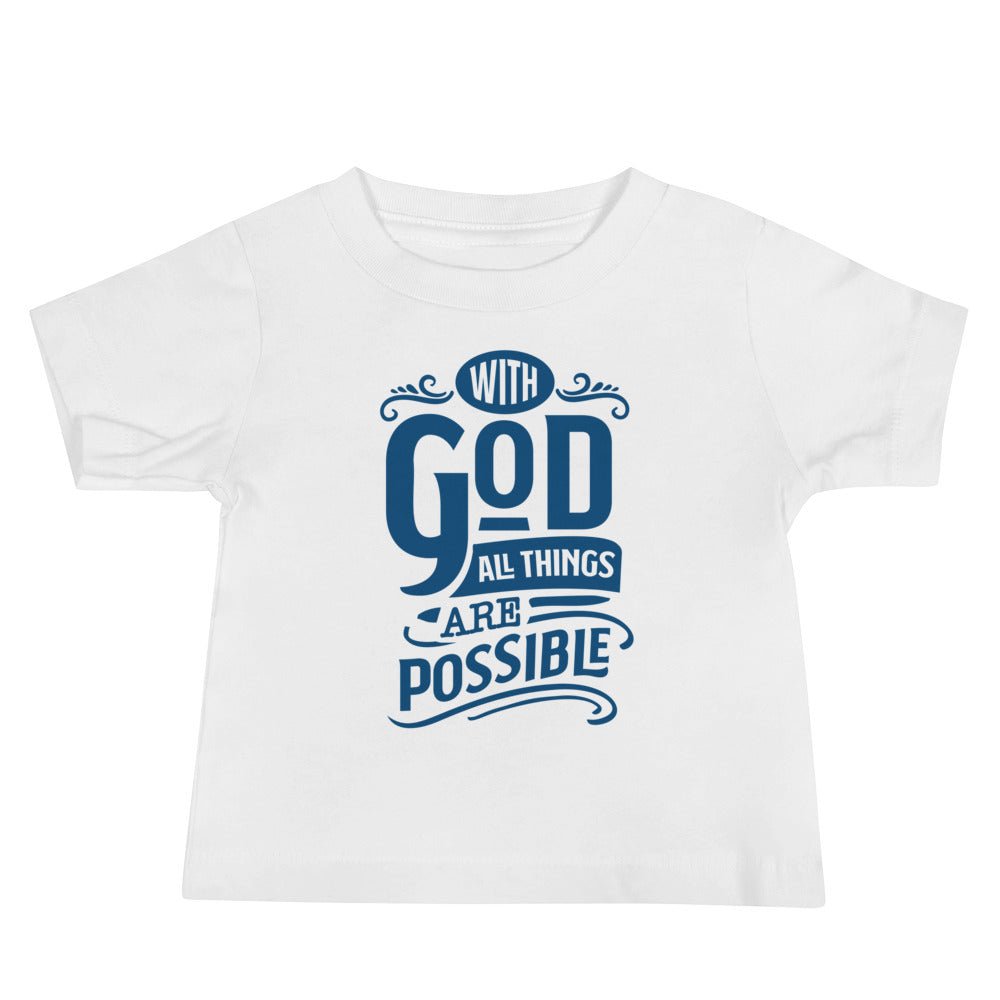 With God - Baby’s T -  Heather Columbia Blue / 6-12m, Heather Columbia Blue / 12-18m, Heather Columbia Blue / 18-24m, Pink / 6-12m, Pink / 12-18m, Pink / 18-24m, White / 6-12m, White / 12-18m, White / 18-24m -  Trini-T Ministries