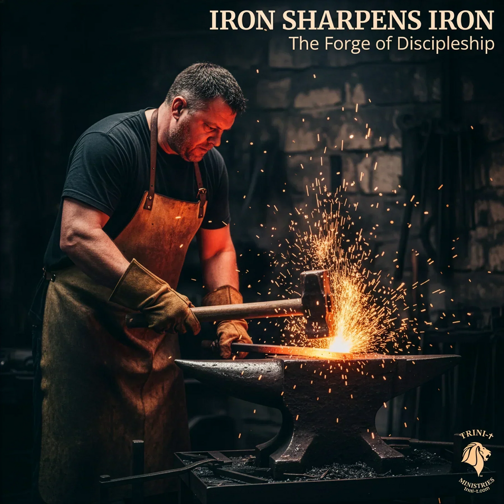 Blacksmith hammering hot iron on anvil, creating sparks. Cover image for the "Iron Sharpens Iron" devotional.