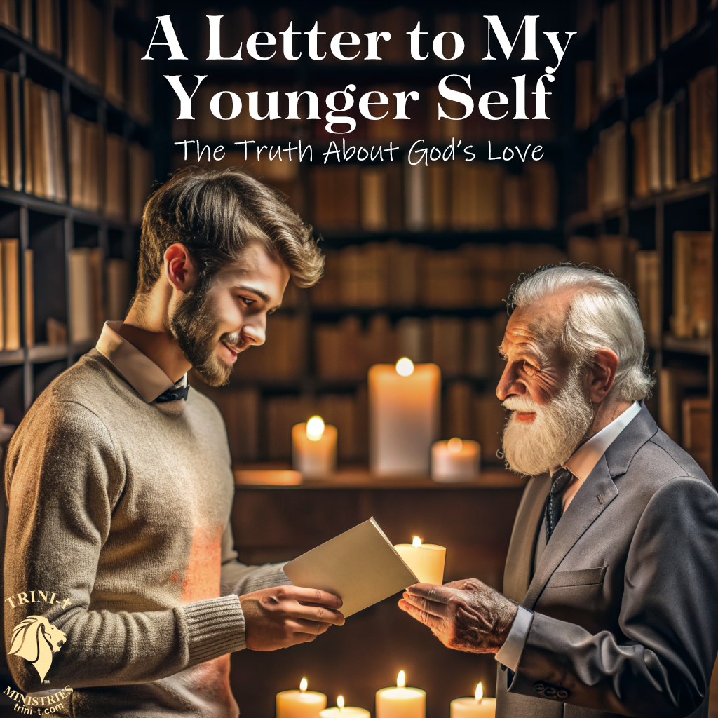 A Letter to My Younger Self: Elderly man sharing wisdom about God's love with young man in library setting