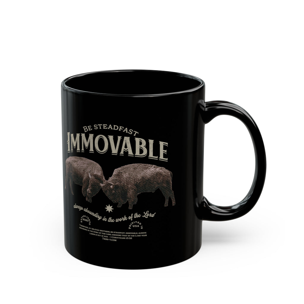 Trini-T Ministries Steadfast and Immovable - 1 Corinthians 15:53 Design on Black Mug 11oz front view against white background