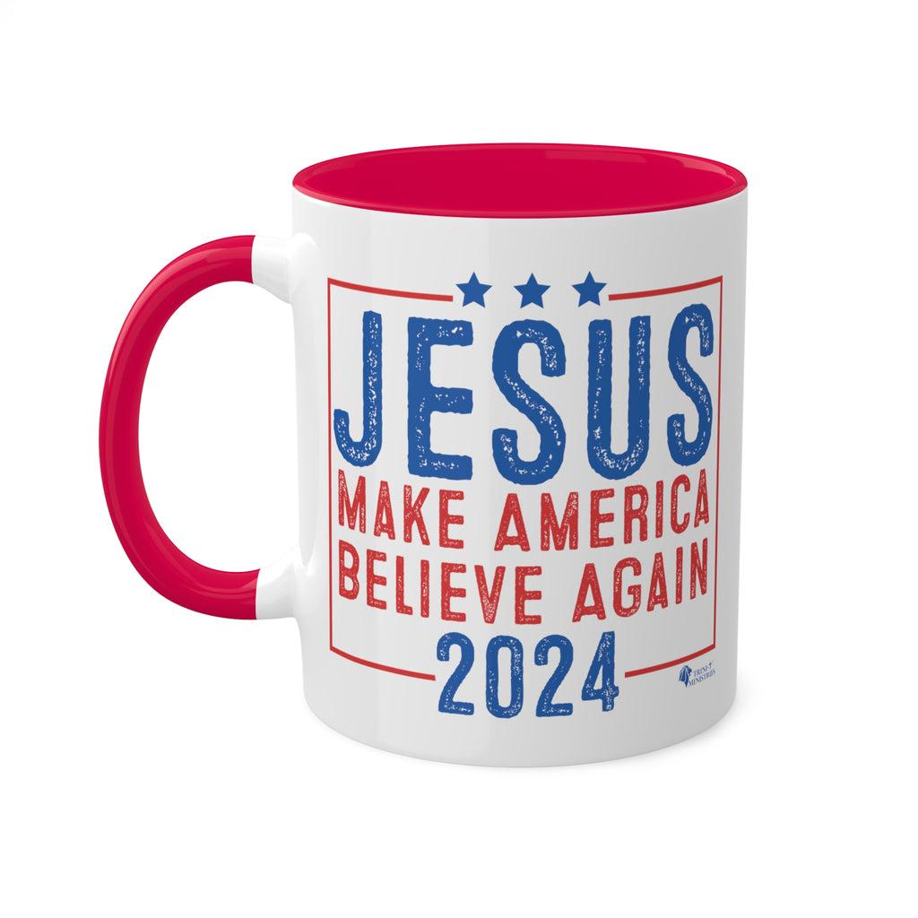 A red accented Jesus 2024 - Make America Believe Again Mug with handle to the left by Trini-T Ministries. Embrace your faith and share a powerful message with our "Jesus 2024 - Make America Believe Again" 11oz Mug. Designed for Christians who put Jesus above politics and candidates, recognizing Him as our true Savior. This mug blends a playful spoof of political campaigns with a unifying call to believe in Him.