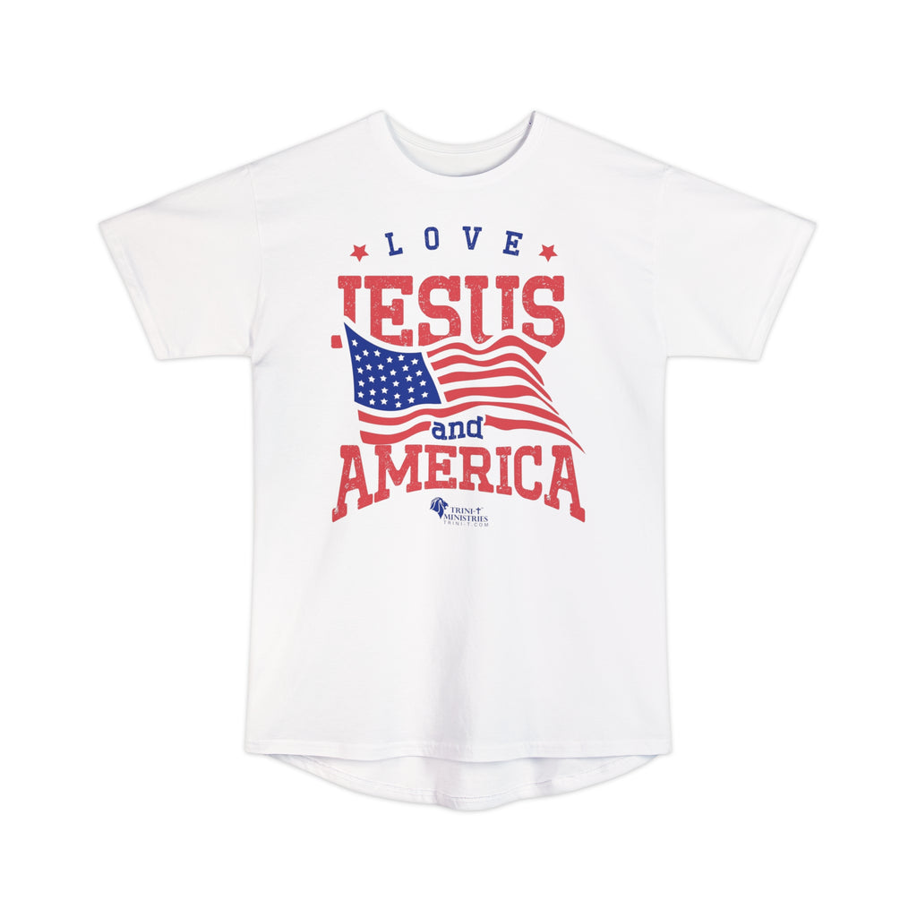 White Love Jesus and America design on Bella+Canvas 3006 Long Urban Tee. Elevate your streetwear game with our "Love Jesus and America" Long-body Urban Tee. This trendy graphic tee is designed for patriots who want to blend faith and fashion, and make a bold statement. Whether it’s for yourself or as a gift for a friend or family member, this shirt is ideal for showcasing your love for Jesus and America in a modern, urban style.
