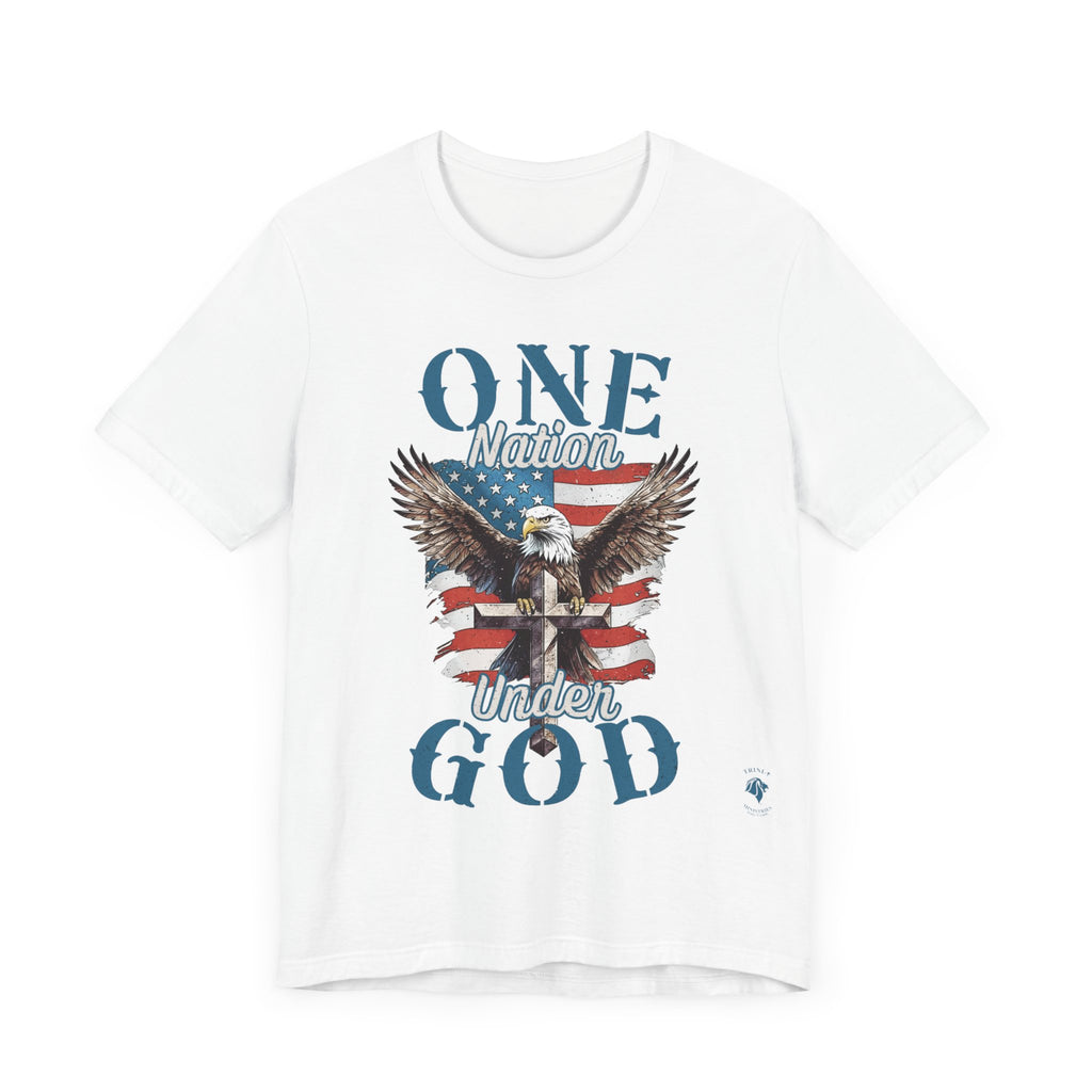 White One Nation Under God - Eagle - T-shirt. Wear your faith and patriotism boldly with our "One Nation Under God" patriotic T-shirt. It features a striking design of an American Bald Eagle, a Cross, and the iconic American flag.