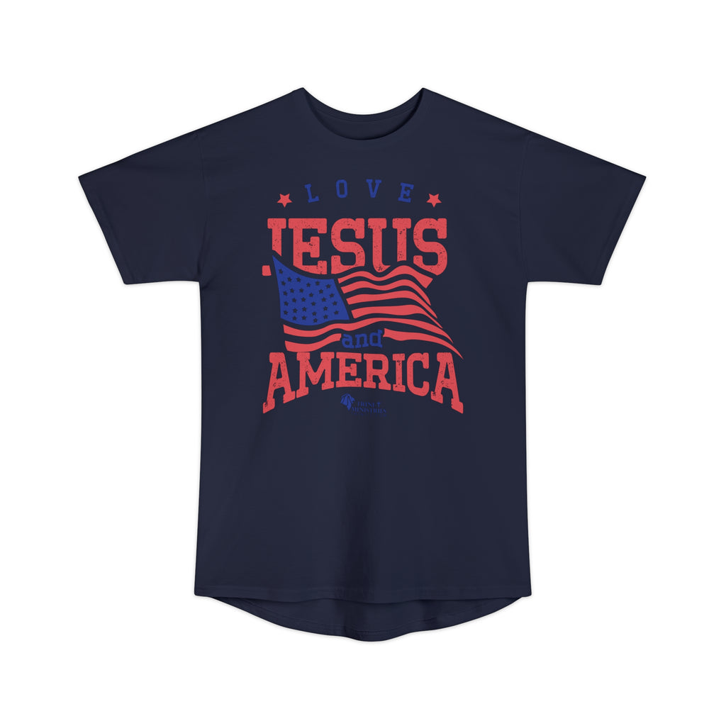 Navy Blue Tee with Love Jesus and America design on Bella+Canvas 3006 Long Urban Tee. Elevate your streetwear game with our "Love Jesus and America" Long-body Urban Tee. This trendy graphic tee is designed for patriots who want to blend faith and fashion, and make a bold statement. Whether it’s for yourself or as a gift for a friend or family member, this shirt is ideal for showcasing your love for Jesus and America in a modern, urban style.