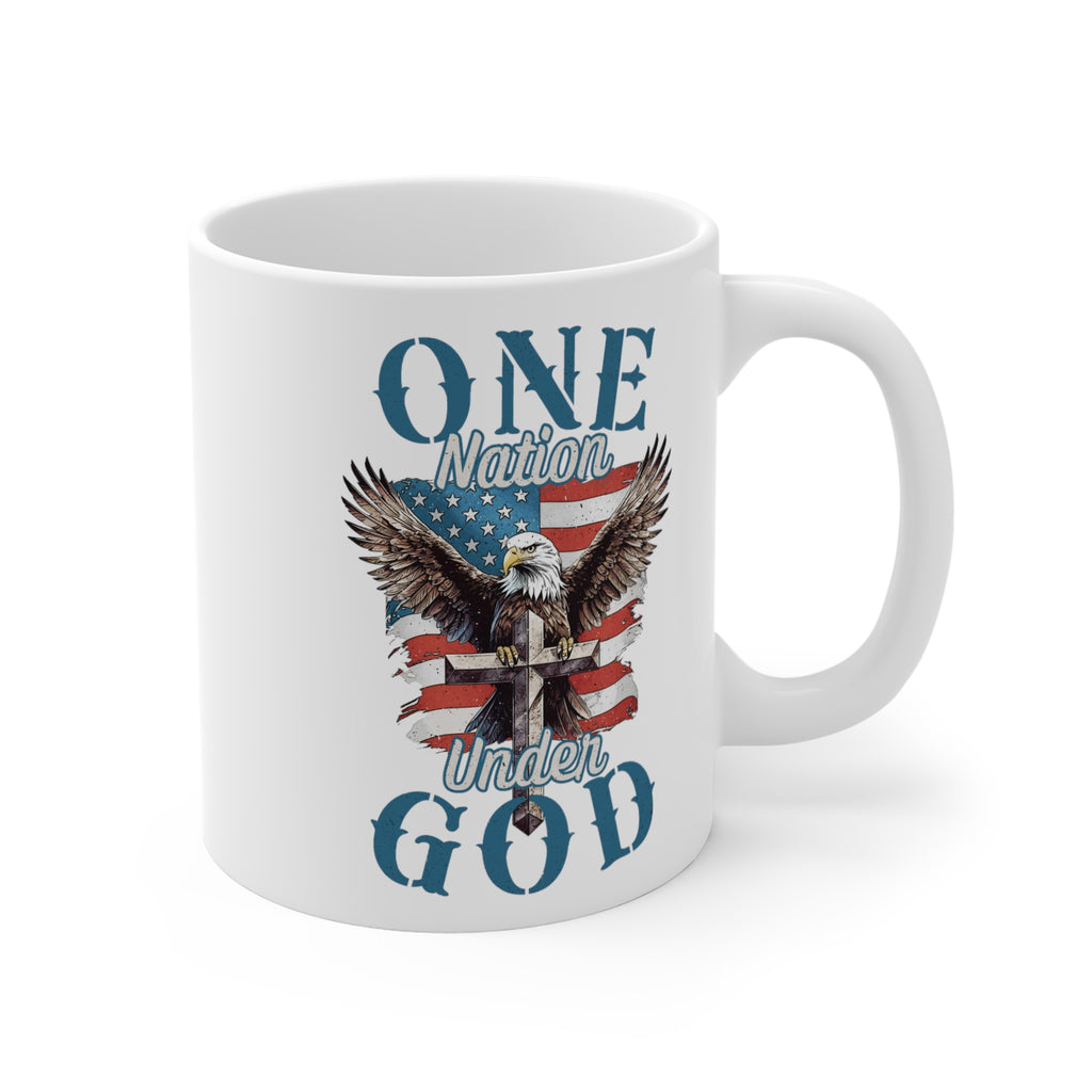 Trini-T Ministries' One Nation Under God - Eagle - Mug with the handle to the right. Enjoy your favorite hot beverage with a touch of faith and patriotism using our "One Nation Under God" patriotic ceramic mug. This classic white mug is perfect for coffee, tea, and hot chocolate enthusiasts. It features a striking design with an American Bald Eagle, a Cross, and the iconic American flag.