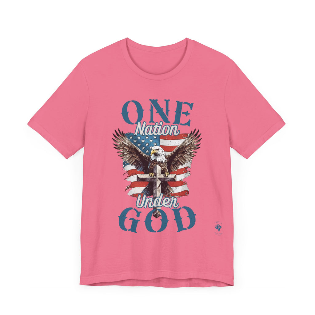 Charity Pink One Nation Under God - Eagle - T-shirt. Wear your faith and patriotism boldly with our "One Nation Under God" patriotic T-shirt. It features a striking design of an American Bald Eagle, a Cross, and the iconic American flag.