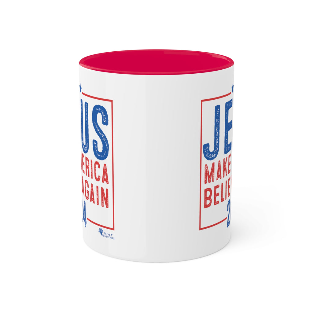 A red accented Jesus 2024 - Make America Believe Again Mug with handle behind by Trini-T Ministries. Embrace your faith and share a powerful message with our "Jesus 2024 - Make America Believe Again" 11oz Mug. Designed for Christians who put Jesus above politics and candidates, recognizing Him as our true Savior. This mug blends a playful spoof of political campaigns with a unifying call to believe in Him.