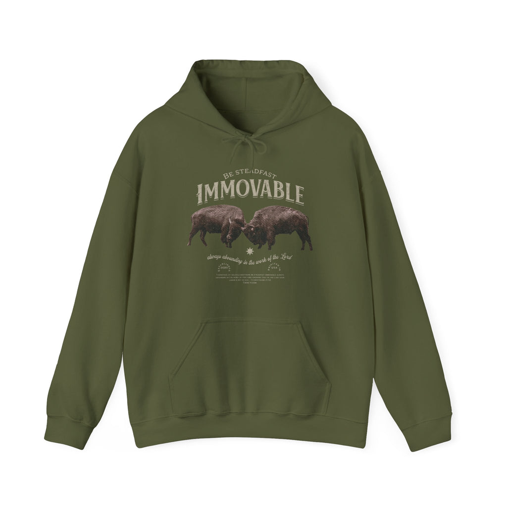 Man in Trini-T Ministries Steadfast and Immovable - 1 Corinthians 15:53 Design on Hoodie - Olive Green on white background.