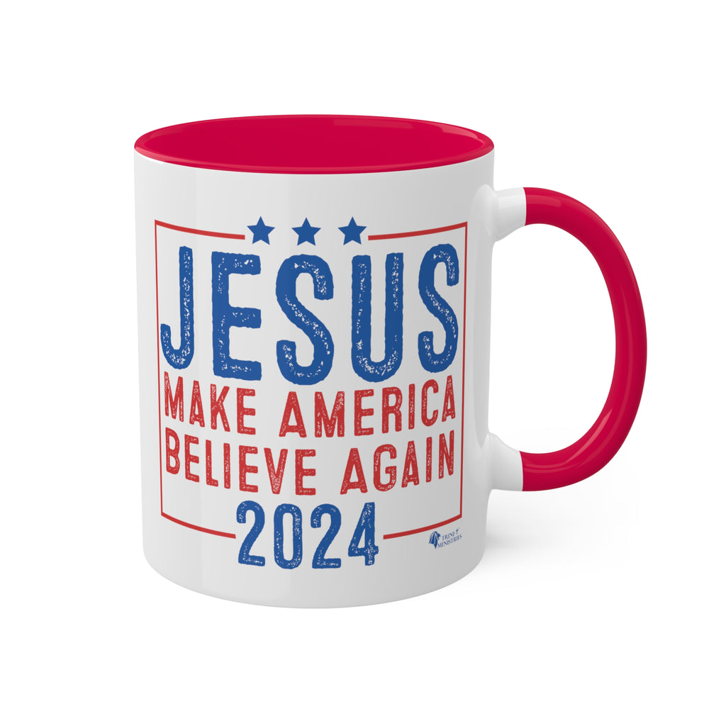 A red accented Jesus 2024 - Make America Believe Again Mug with handle to the right by Trini-T Ministries. Embrace your faith and share a powerful message with our "Jesus 2024 - Make America Believe Again" 11oz Mug. Designed for Christians who put Jesus above politics and candidates, recognizing Him as our true Savior. This mug blends a playful spoof of political campaigns with a unifying call to believe in Him.