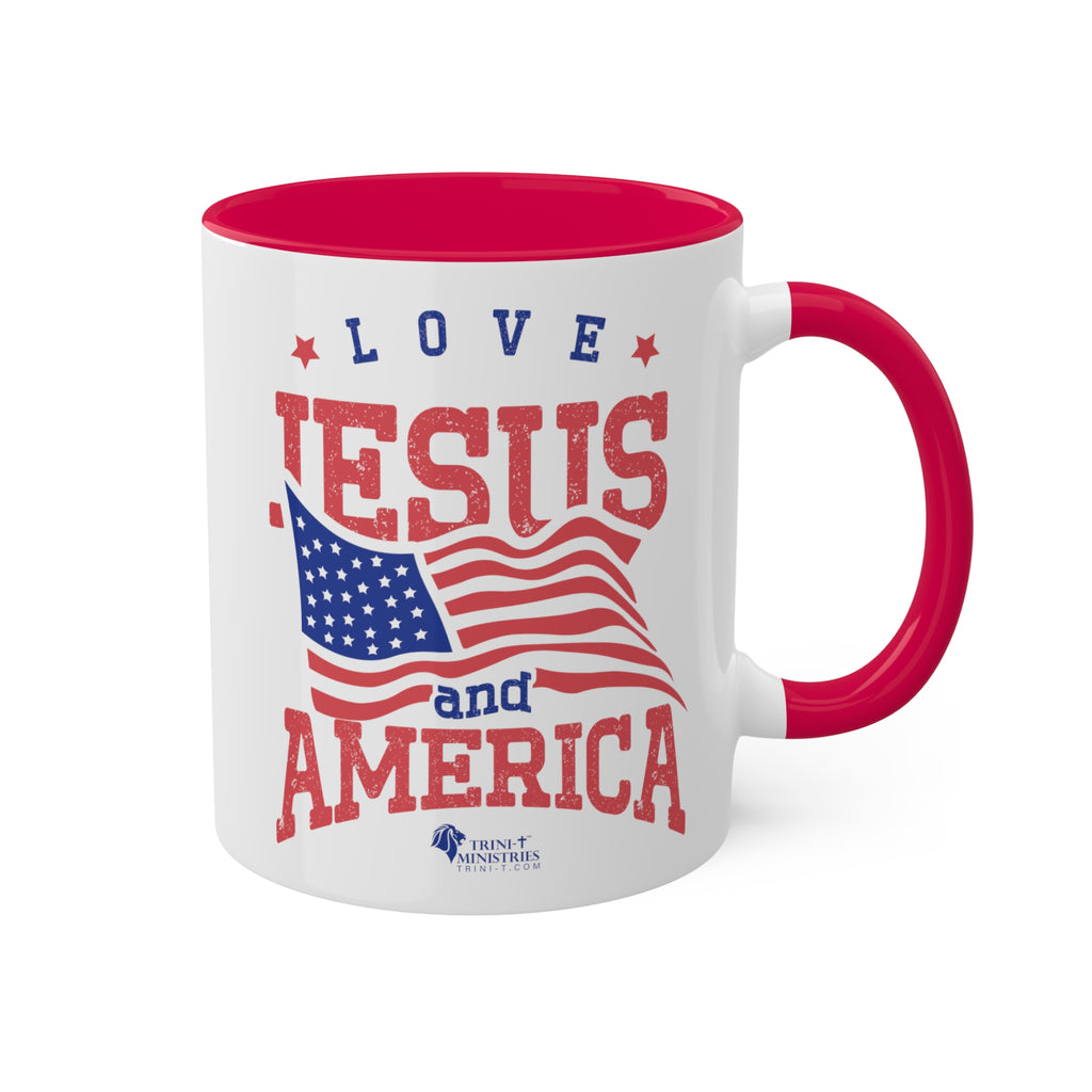 11oz White Mug with red handle and interior handle on the right. Celebrate your faith and patriotism every morning with our "Love Jesus and America" 11oz Mug. This Christian Patriotic Ceramic Coffee Cup features a bold American flag design and the heartfelt message "Love Jesus and America," perfect for showing your love for God and country.