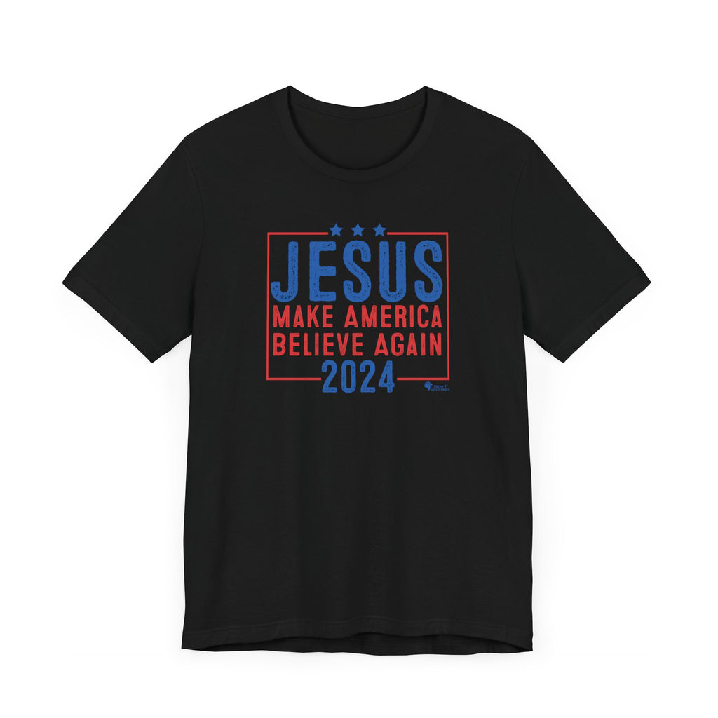 A black Jesus 2024 - Make America Believe Again T-shirt by Trini-T Ministries. Embrace your faith and share a powerful message with our "Jesus 2024 - Make America Believe Again" unisex t-shirt. Designed for Christians who put Jesus above politics and candidates, recognizing Him as our true Savior. This tee blends a playful spoof of political campaigns with a unifying call to believe in Him.