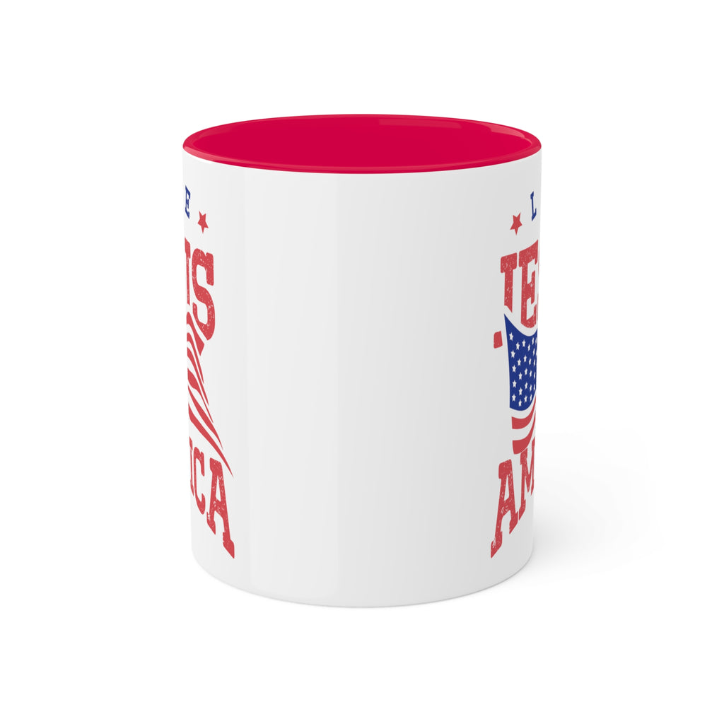 11oz White Mug with red handle and interior handle on the back. Celebrate your faith and patriotism every morning with our "Love Jesus and America" 11oz Mug. This Christian Patriotic Ceramic Coffee Cup features a bold American flag design and the heartfelt message "Love Jesus and America," perfect for showing your love for God and country.