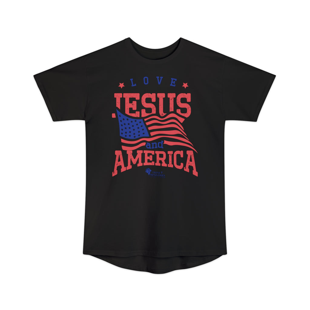 Black Love Jesus and America design on Bella+Canvas 3006 Long Urban Tee. Elevate your streetwear game with our "Love Jesus and America" Long-body Urban Tee. This trendy graphic tee is designed for patriots who want to blend faith and fashion, and make a bold statement. Whether it’s for yourself or as a gift for a friend or family member, this shirt is ideal for showcasing your love for Jesus and America in a modern, urban style.