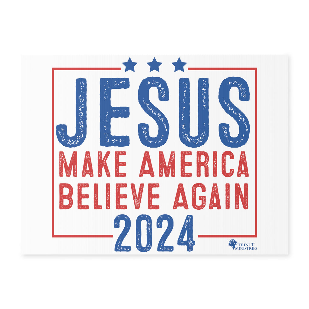 A Jesus 2024 - Make America Believe Again Yard Sign. Looking to make a statement that transcends politics and unites us all in faith? Introducing our Jesus 2024 yard sign, a playful yet powerful reminder that our true savior is in charge. Emulating the familiar design of political signs that dot the American landscape during election season.