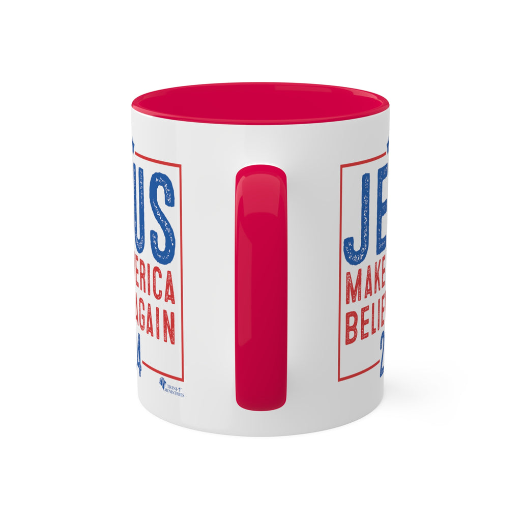 A red accented Jesus 2024 - Make America Believe Again Mug with handle in front by Trini-T Ministries. Embrace your faith and share a powerful message with our "Jesus 2024 - Make America Believe Again" 11oz Mug. Designed for Christians who put Jesus above politics and candidates, recognizing Him as our true Savior. This mug blends a playful spoof of political campaigns with a unifying call to believe in Him.