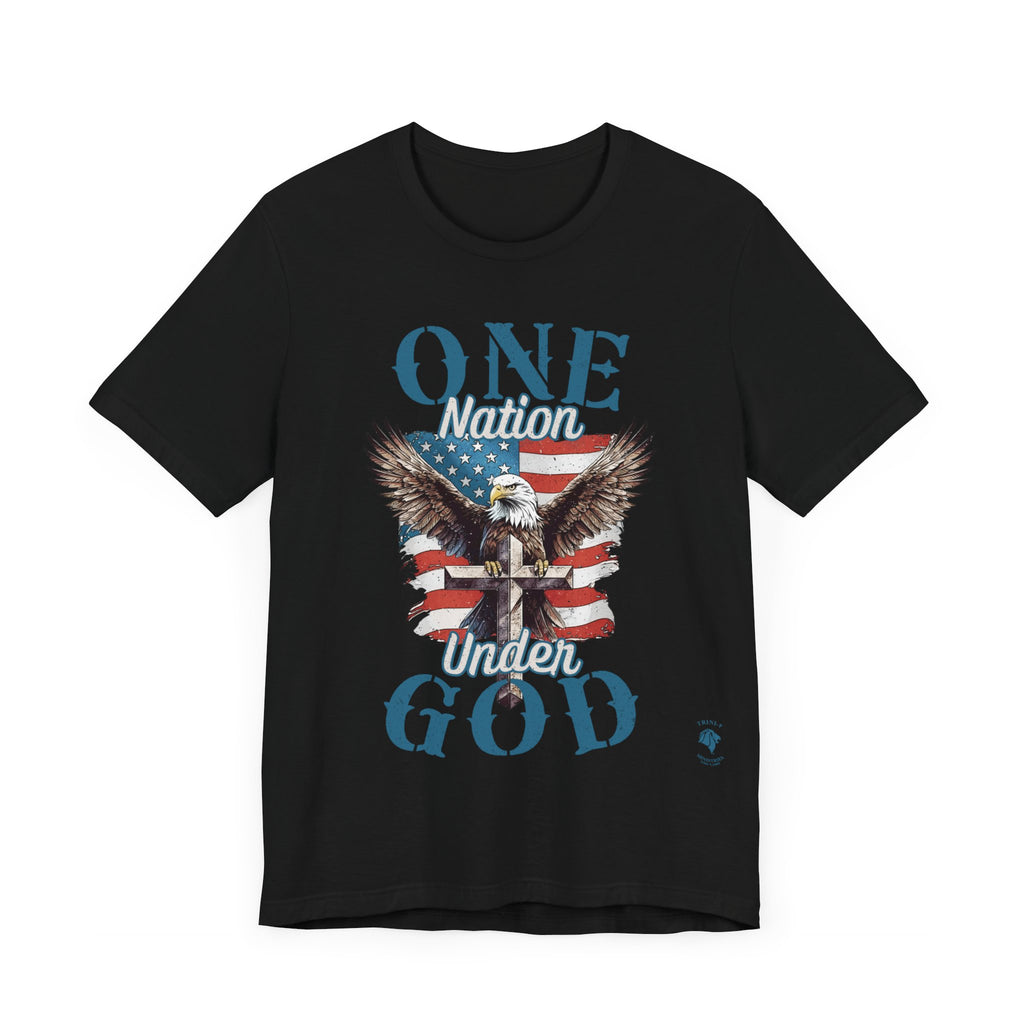 Black One Nation Under God - Eagle - T-shirt. Wear your faith and patriotism boldly with our "One Nation Under God" patriotic T-shirt. It features a striking design of an American Bald Eagle, a Cross, and the iconic American flag.