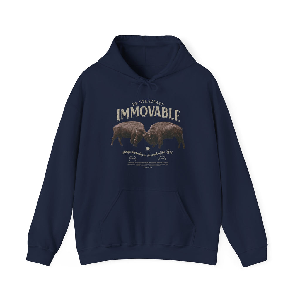 Man in Trini-T Ministries Steadfast and Immovable - 1 Corinthians 15:53 Design on Hoodie - Navy Blue on white background.