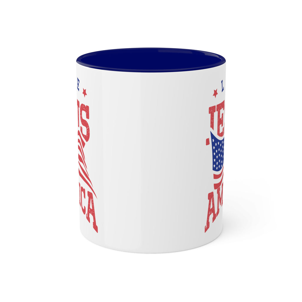 11oz White Mug with blue handle and interior handle on the back. Celebrate your faith and patriotism every morning with our "Love Jesus and America" 11oz Mug. This Christian Patriotic Ceramic Coffee Cup features a bold American flag design and the heartfelt message "Love Jesus and America," perfect for showing your love for God and country.