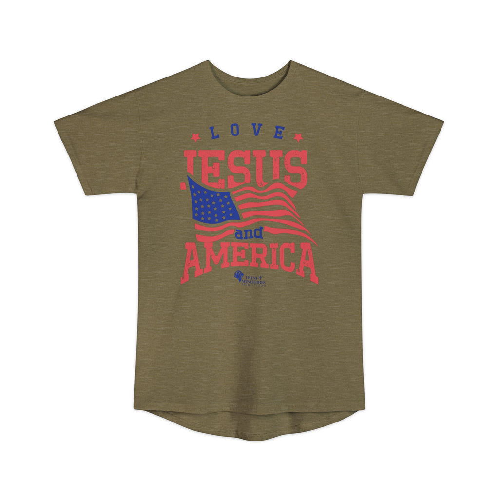 Heather Olive Tee with Love Jesus and America design on Bella+Canvas 3006 Long Urban Tee. Elevate your streetwear game with our "Love Jesus and America" Long-body Urban Tee. This trendy graphic tee is designed for patriots who want to blend faith and fashion, and make a bold statement. Whether it’s for yourself or as a gift for a friend or family member, this shirt is ideal for showcasing your love for Jesus and America in a modern, urban style.