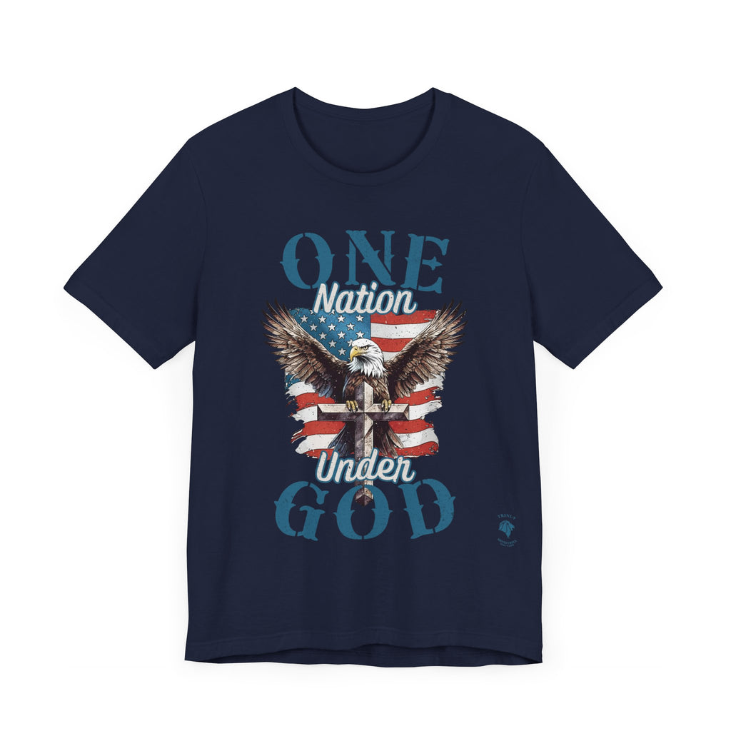 Navy Blue One Nation Under God - Eagle - T-shirt. Wear your faith and patriotism boldly with our "One Nation Under God" patriotic T-shirt. It features a striking design of an American Bald Eagle, a Cross, and the iconic American flag.