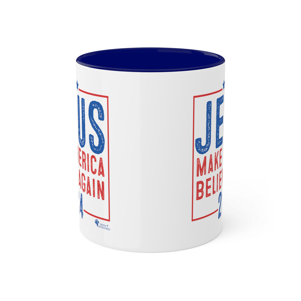 A Blue accented Jesus 2024 - Make America Believe Again Mug with handle behind by Trini-T Ministries. Embrace your faith and share a powerful message with our "Jesus 2024 - Make America Believe Again" 11oz Mug. Designed for Christians who put Jesus above politics and candidates, recognizing Him as our true Savior. This mug blends a playful spoof of political campaigns with a unifying call to believe in Him.