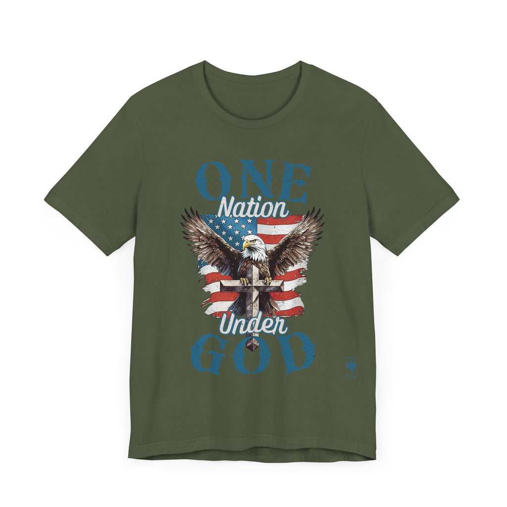 Military Green One Nation Under God - Eagle - T-shirt. Wear your faith and patriotism boldly with our "One Nation Under God" patriotic T-shirt. It features a striking design of an American Bald Eagle, a Cross, and the iconic American flag.