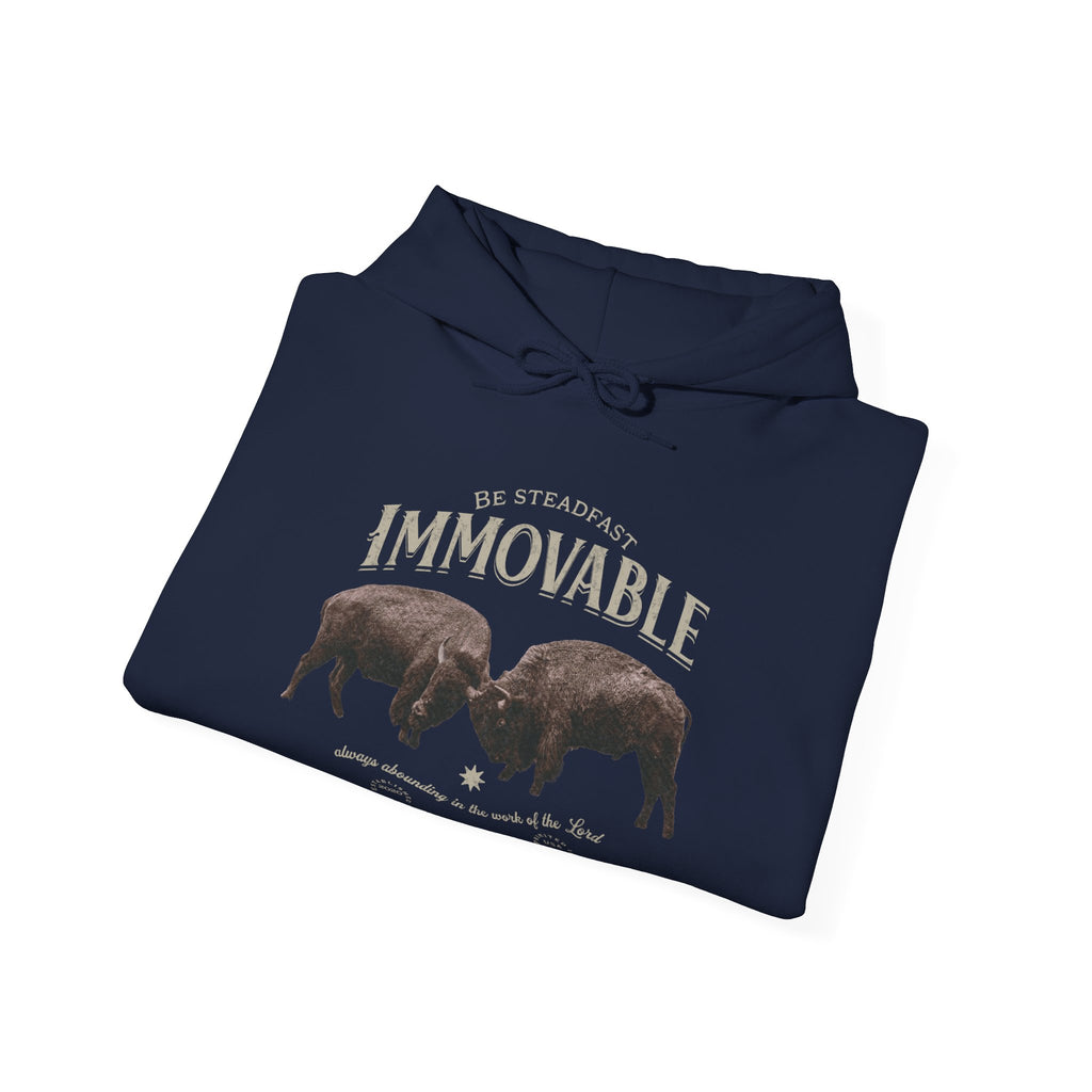 Man in Trini-T Ministries Steadfast and Immovable - 1 Corinthians 15:53 Design on Hoodie - Navy Blue folded on white background.