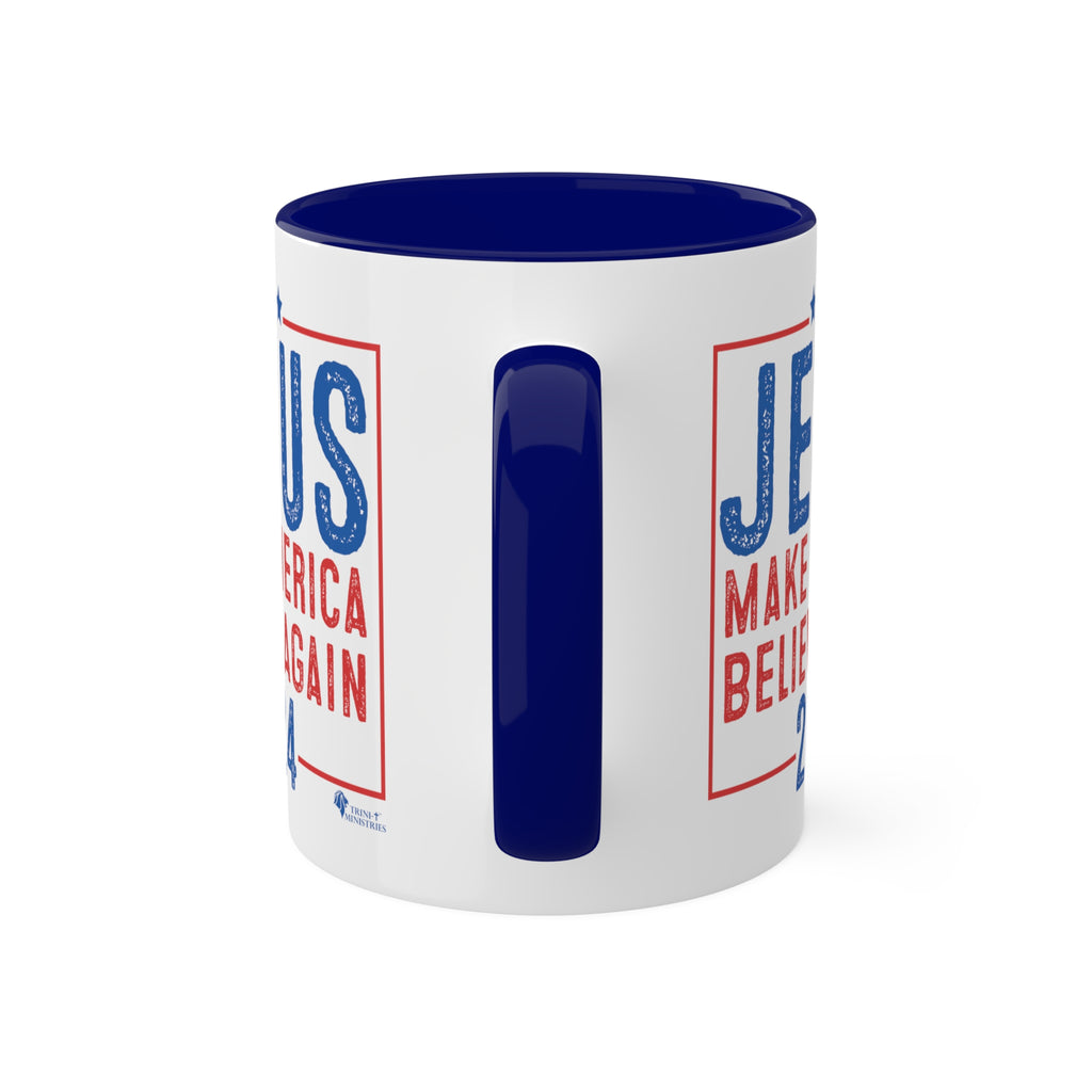 A Blue accented Jesus 2024 - Make America Believe Again Mug with handle in front by Trini-T Ministries. Embrace your faith and share a powerful message with our "Jesus 2024 - Make America Believe Again" 11oz Mug. Designed for Christians who put Jesus above politics and candidates, recognizing Him as our true Savior. This mug blends a playful spoof of political campaigns with a unifying call to believe in Him.