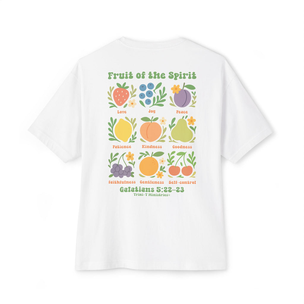 Back flat lay view of Fruit of the Spirit oversized t-shirt from Trini-T Ministries.