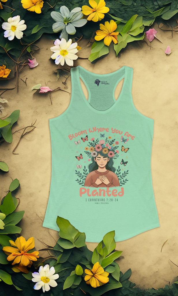 Bloom Where You Are Planted - Women's Racerback Tank -  XS / Solid Black, XS / Solid Hot Pink, XS / Solid Indigo, XS / Solid Mint, XS / Solid Purple Rush, XS / Solid Tahiti Blue, XS / Solid White, S / Solid Black, S / Solid Hot Pink, S / Solid Indigo -  Trini-T Ministries