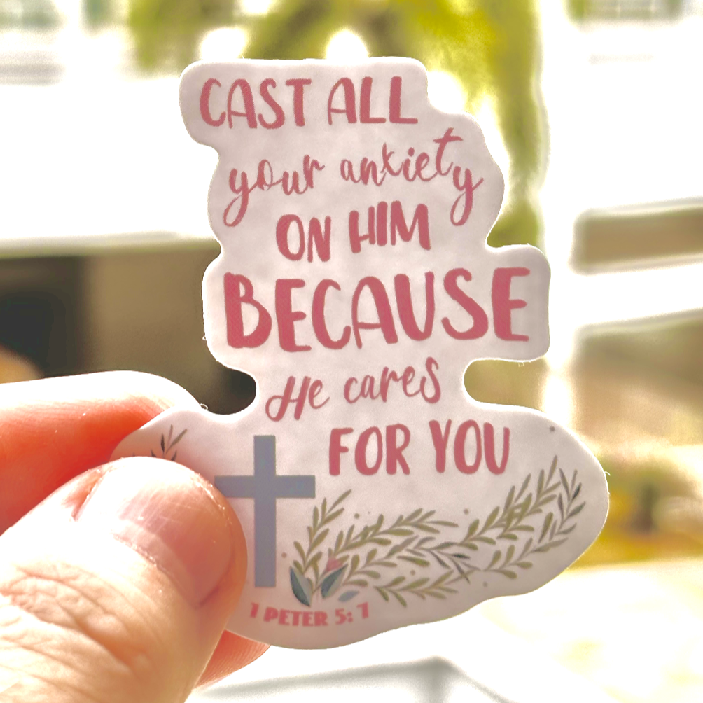 Inspirational sticker with the quote 'Cast All your anxiety on Him because He cares for you' - 1 Peter 5:1' surrounded by boho floral elements. Ideal for decorating planners, scrapbooks, and more, this sticker brings a message of gratitude and positivity.