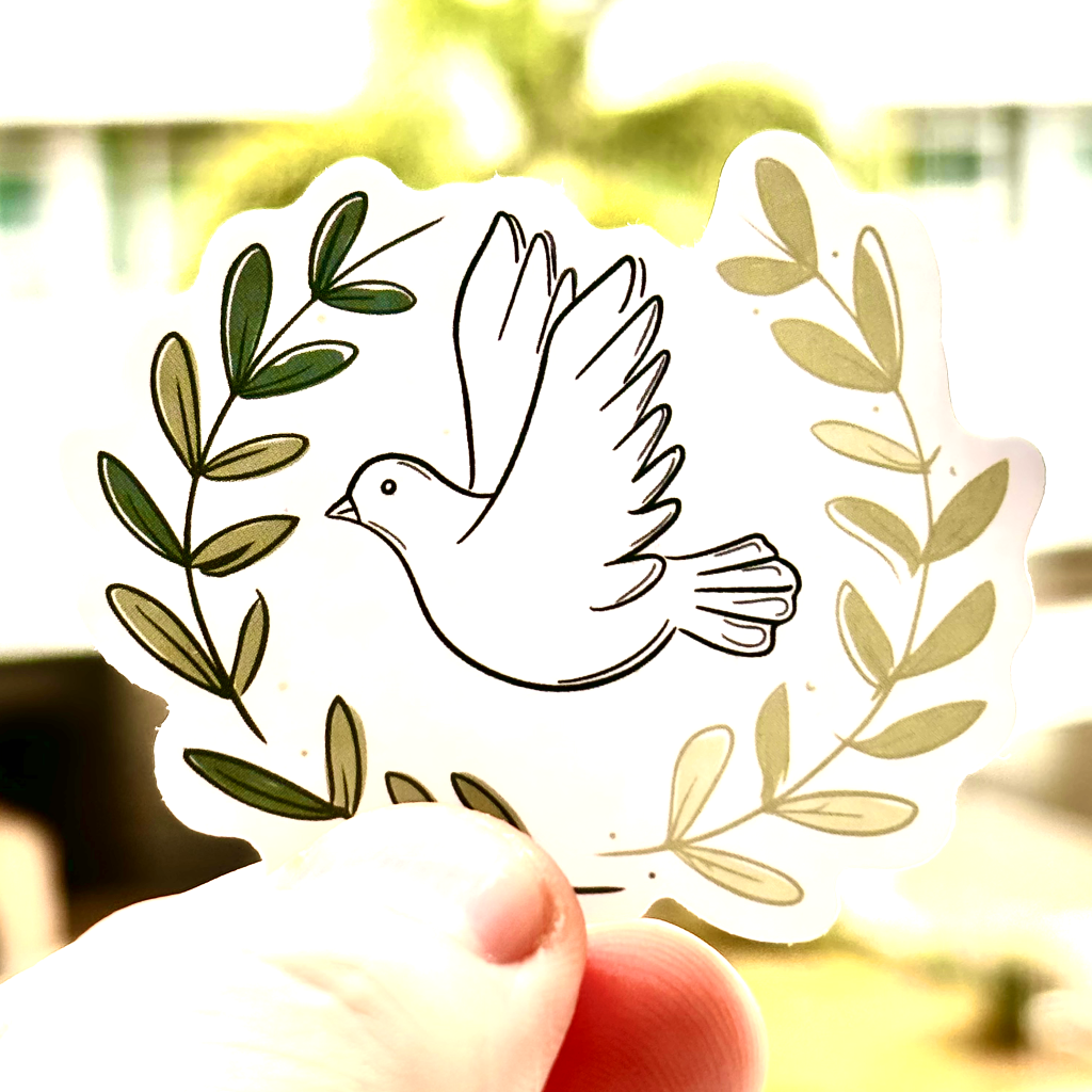 A dove surrounded by olive branches recalls the image of the grace and mercy of God in the flourishing of life after the flood. Perfect for decorating journals, laptops, and water bottles and placing anywhere you could use  a bit of inspiration and encouragement.