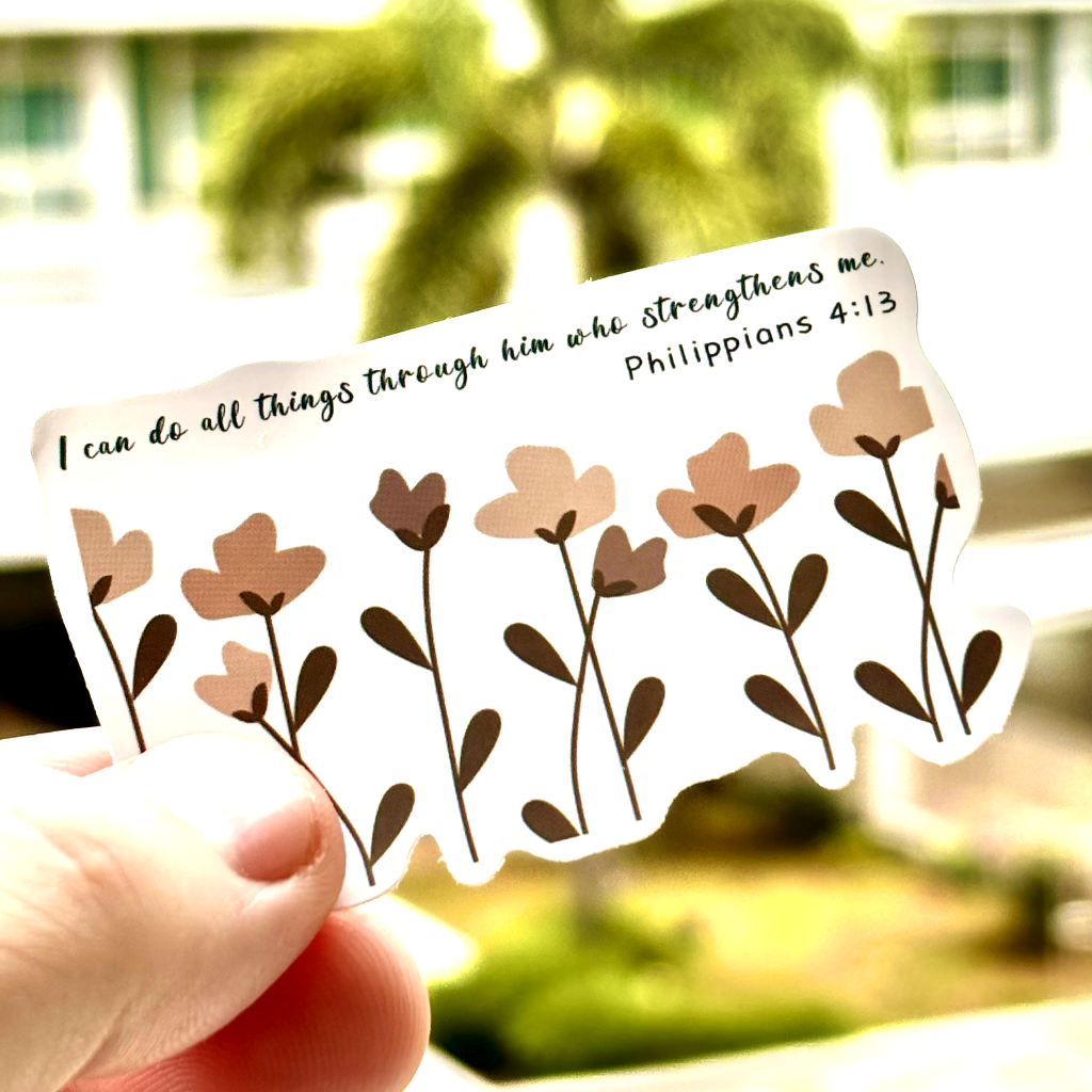 Boho flowers with hand-written text, 'I can do all things through Him who strengthens me.' - Philippians 4:13. Ideal for decorating planners, scrapbooks, and more, this sticker brings a message of strength and encouragement as we rely on the one who strengthens us - Christ.. 