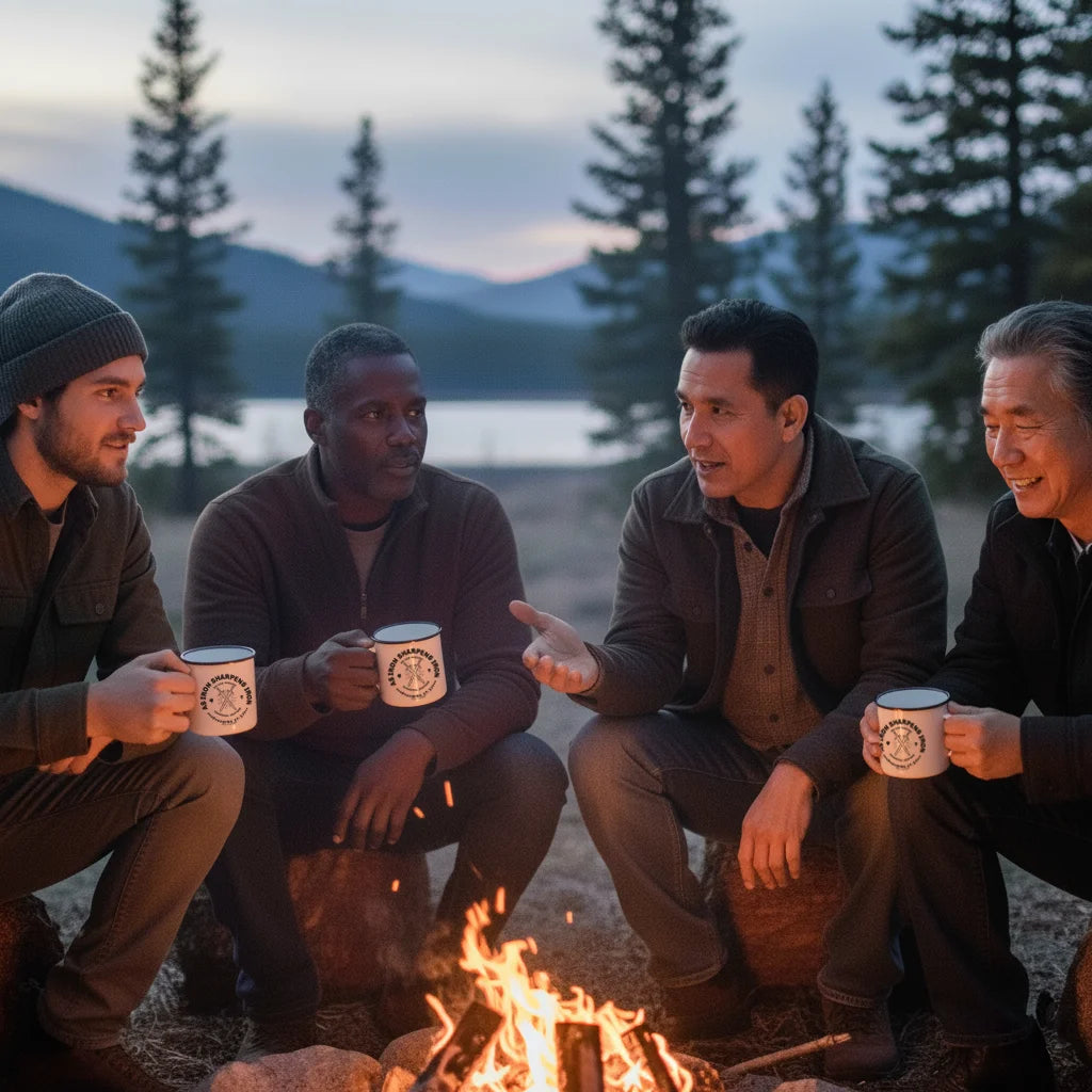 Diverse group of four men gathered around a campfire at dusk, holding white camping mugs, engaged in conversation and fellowship in a rustic outdoor setting.