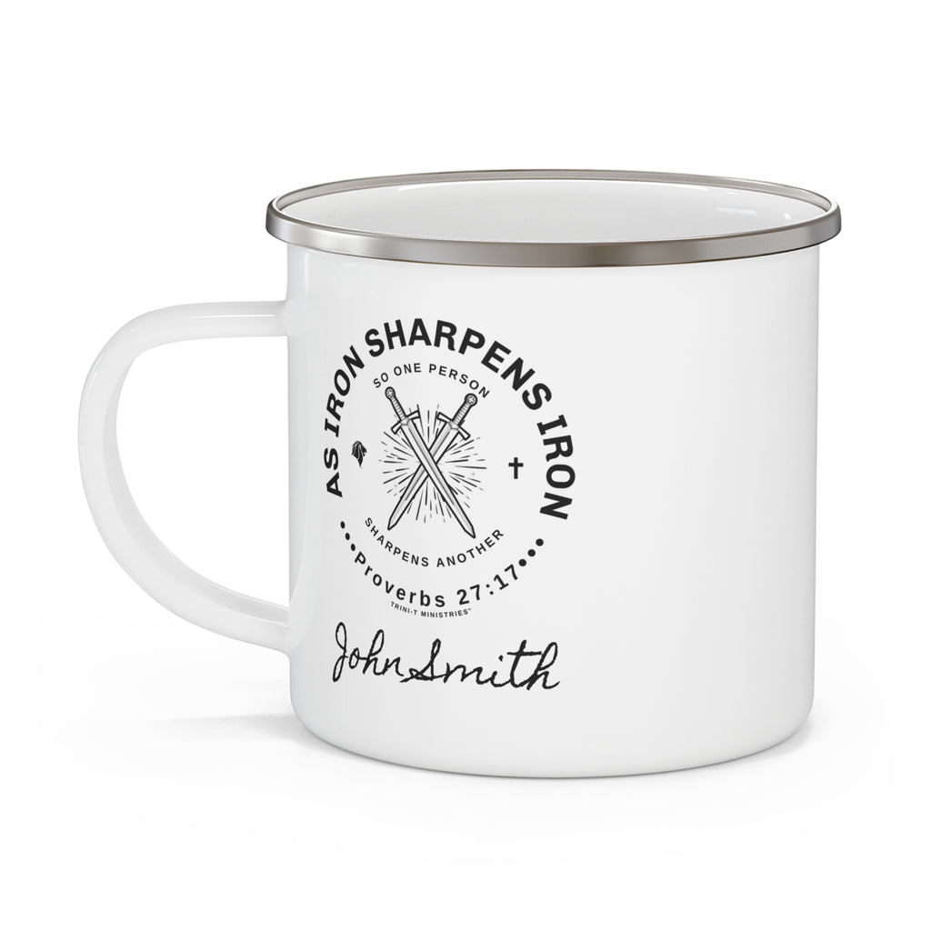 White enamel camping mug displaying Iron Sharpens Iron logo with "John Smith" personalized text below.