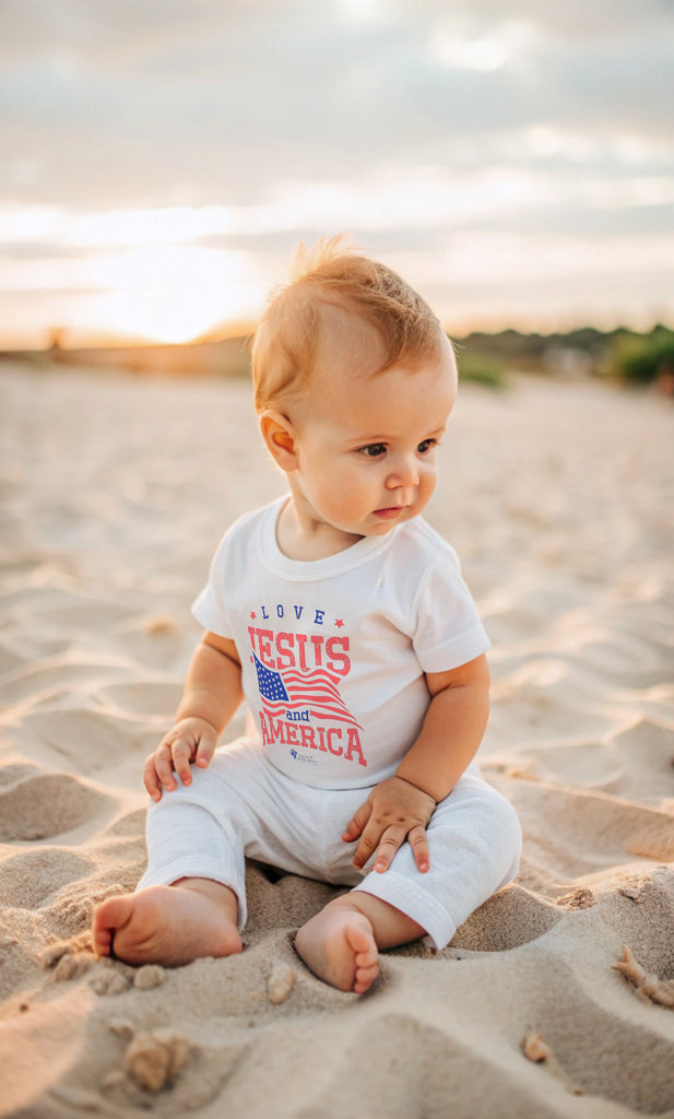 Baby on the beach sitting down wearing a White Baby's Tee with Love Jesus and America design from Trini-T Ministries. Dress your little one in the perfect blend of faith and patriotism with our "Love Jesus and America Too" baby t-shirt. This adorable and inspirational graphic tee is ideal for parents, relatives, and friends who want to share the word of God and celebrate their love for America through their baby's outfit.