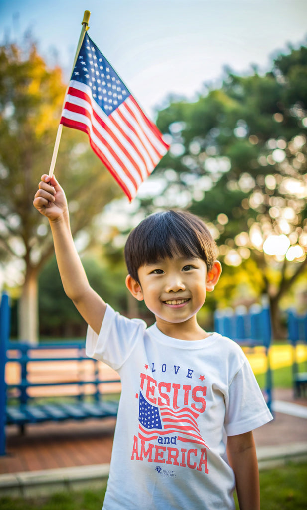 A boy waving an American flag in a park playground while wearing a Trini-T Ministries' Love Jesus and America design on a Kid's white bella+canvas 300Y t-shirt. Showcase your children's faith and patriotism with our "Love Jesus and America" Kid's T-Shirt. This charming and inspirational graphic tee is perfect for parents, relatives, and friends who want to share the Word of God and celebrate their love for America through their children's outfit.