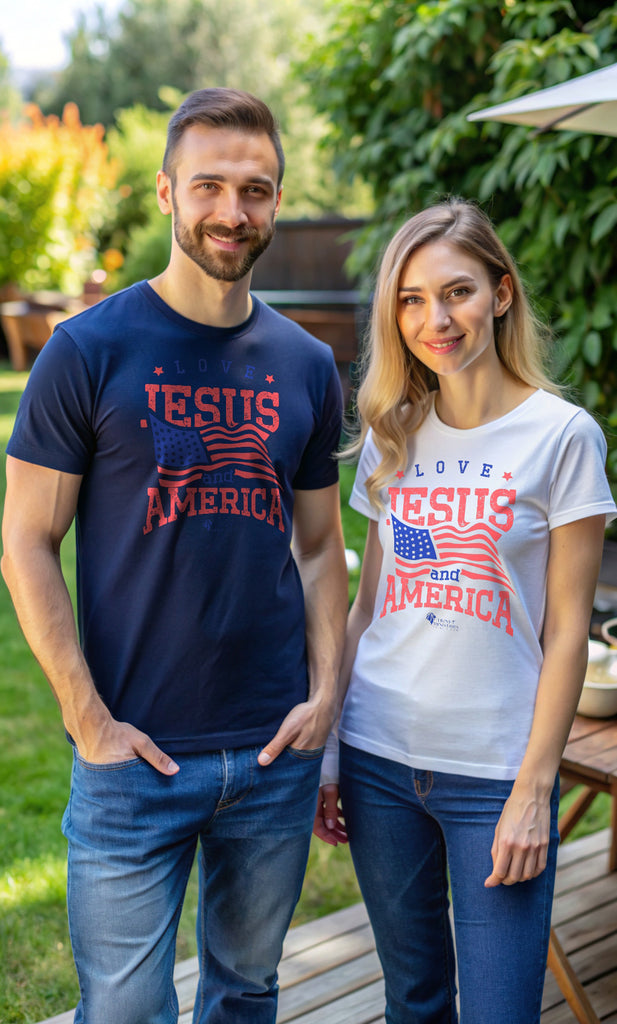 A couple wearing Love Jesus and America Too t-shirts in their backyard. Celebrate your faith and patriotism with our "Love Jesus and America Too" Family T-Shirts. This inspirational graphic tee is perfect for Christians who want to share the Word of God and Jesus, while expressing their love for their country. Ideal for families who enjoy matching outfits during patriotic holidays and special events.