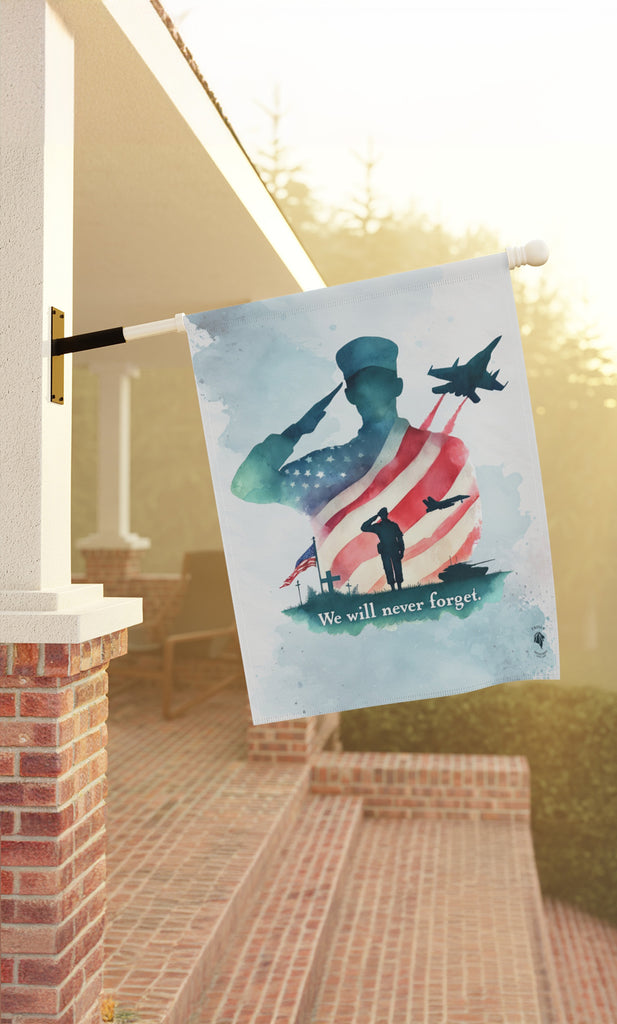 Trini-T Ministries We Will Never Forget Patriotic Memorial House Flag next on the front porch. It showcases a soldier saluting, the American flag waving proudly, a jet soaring in the sky, and a touching scene of a soldier visiting the graves of fallen comrades. This heartfelt design reflects the spirit of sacrifice and service, echoing the selflessness of Christ's sacrifice on the cross.