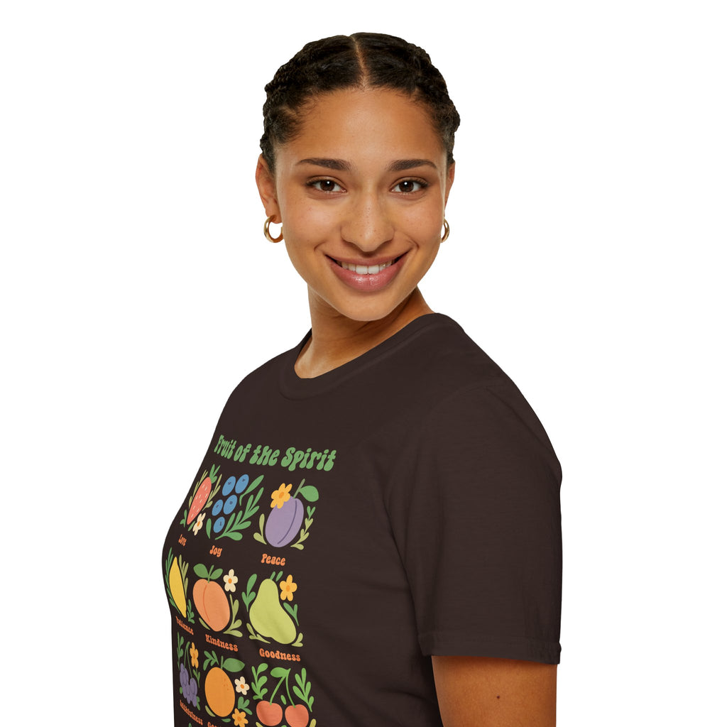Woman model smiling and wearing the dark chocolate Fruit of the Spirit T-Shirt