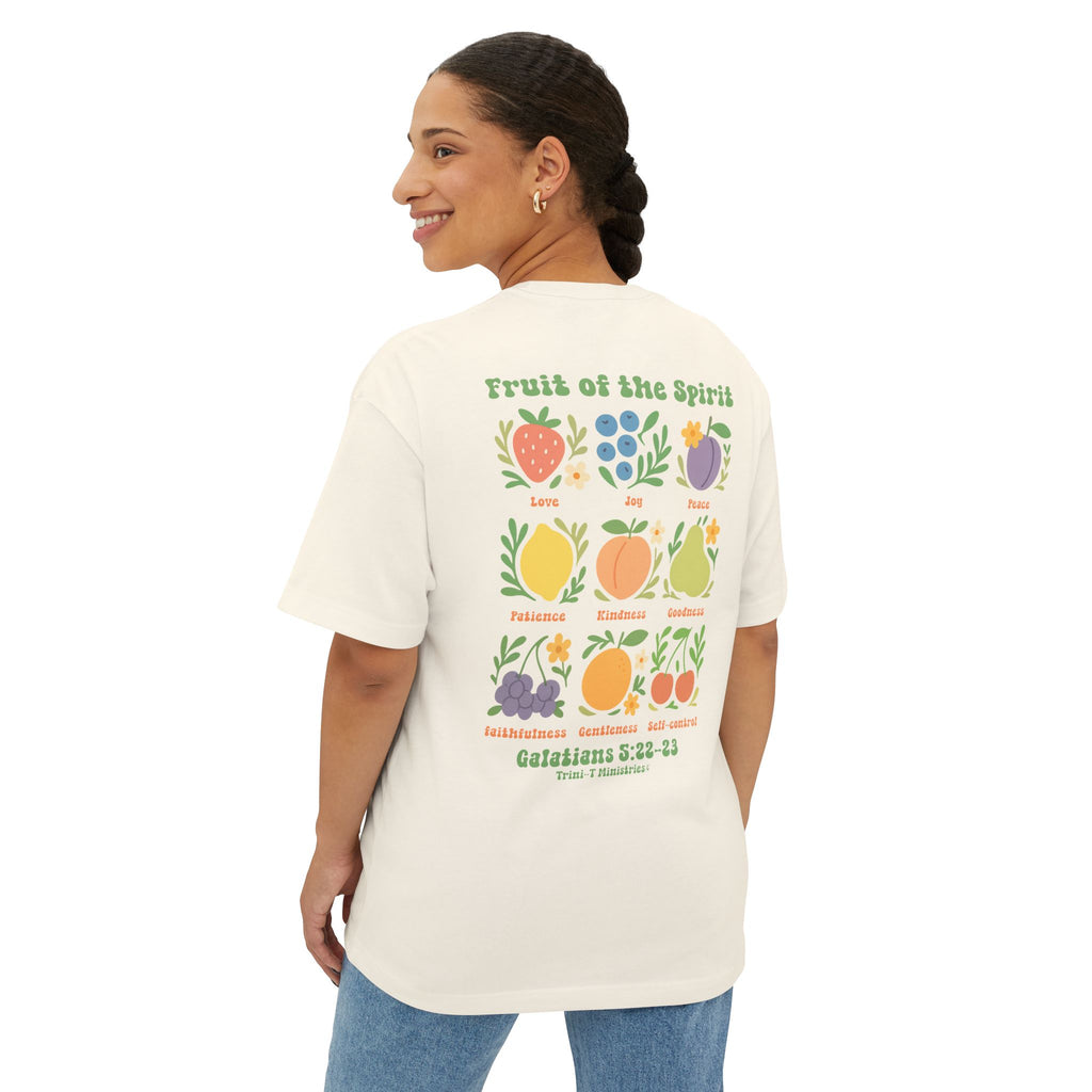Woman wearing Natural color Fruit of the Spirit Oversized T-shirt Back View.