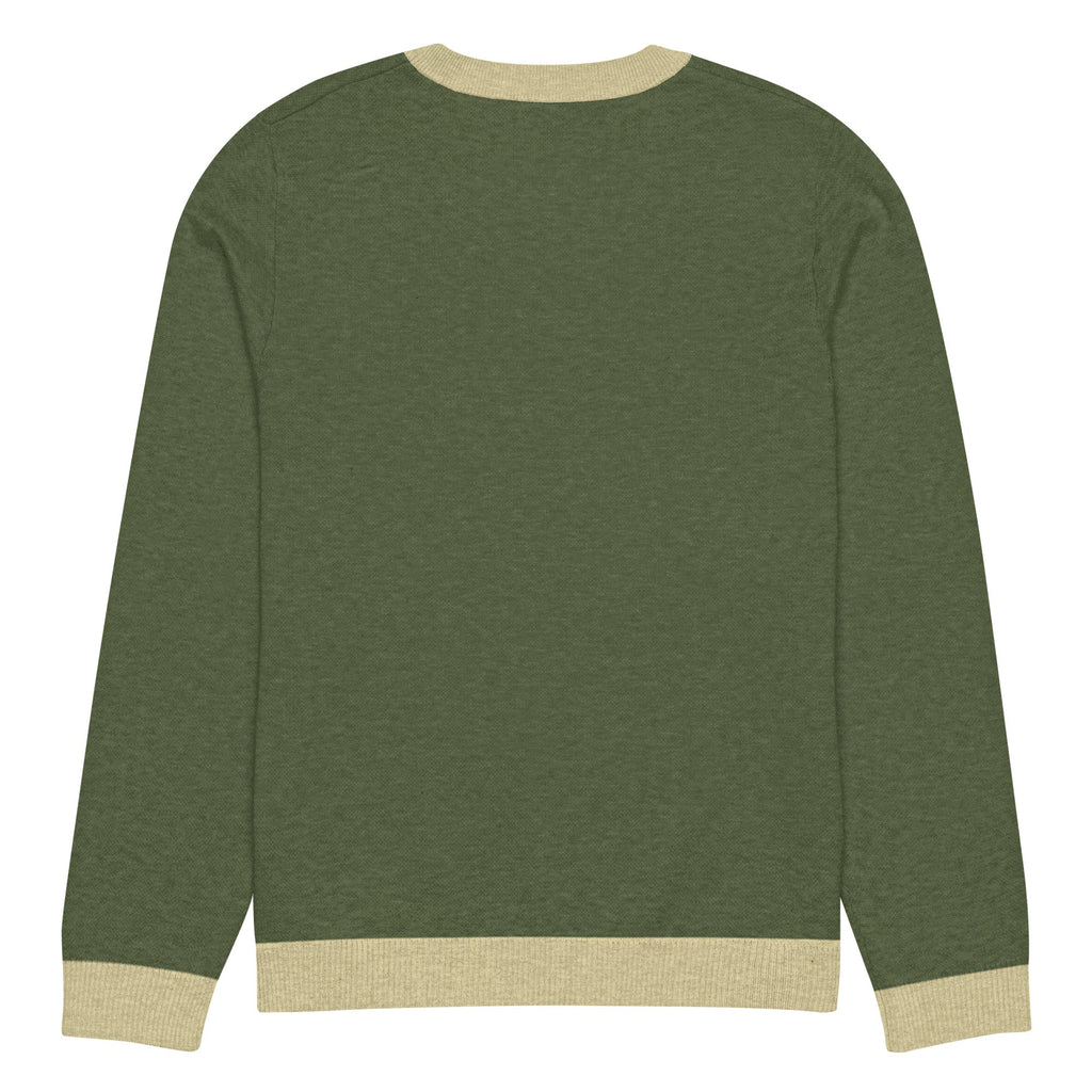 Flat lay of the back of the 'Oh Come Let Us Adore Him' knitted Christmas sweater in olive green with beige ribbed collar, cuffs, and hem. Simple back design with no graphics, highlighting the cozy knit texture. Christian holiday apparel, unisex, perfect for winter and festive occasions.