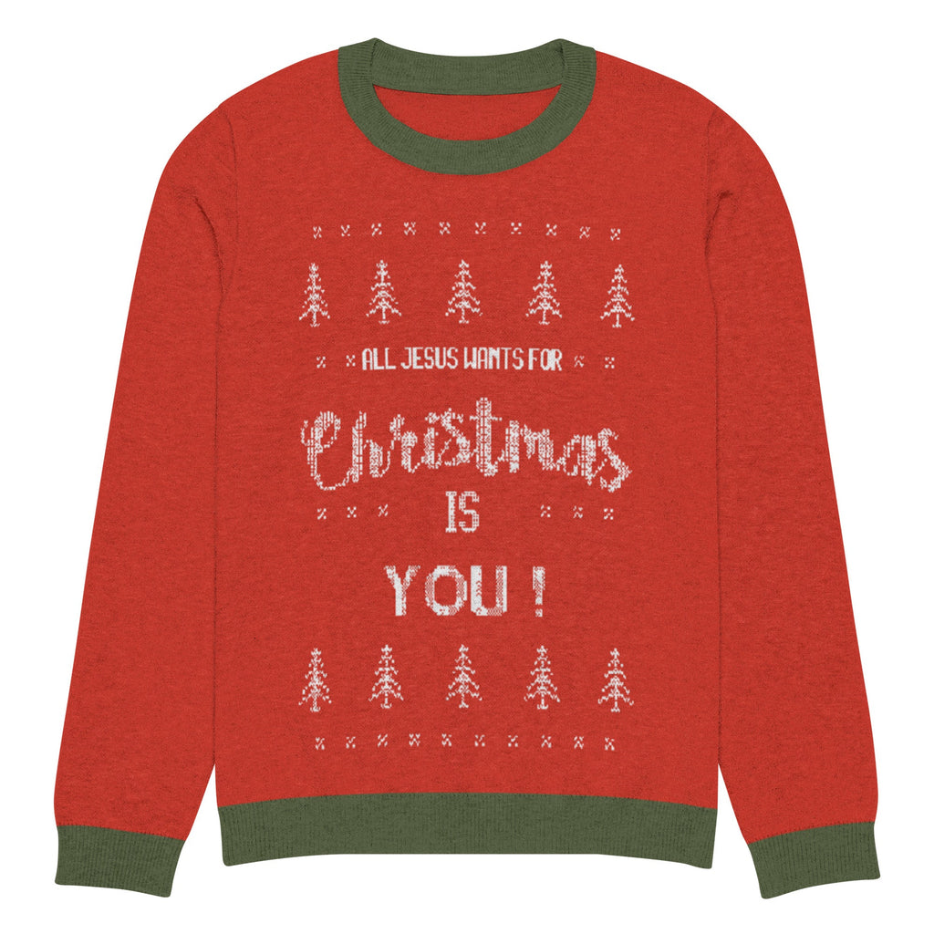 Flat lay of the front of our  "All Jesus Wants for Christmas Is You knitted ugly Christmas sweater, featuring festive red fabric with white text and Christmas tree designs, unisex holiday apparel for Christians. Perfect for Christmas parties, faith-based gatherings, and spreading festive cheer. Retro style ugly sweater with green ribbed collar, cuffs, and hem."