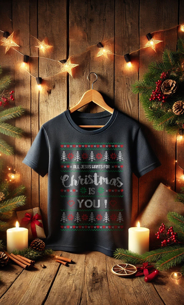 All Jesus Wants for Christmas Ugly Sweater T-Shirt - Christian Shirt - is the Reason Tee - Funny Holiday Faith Apparel