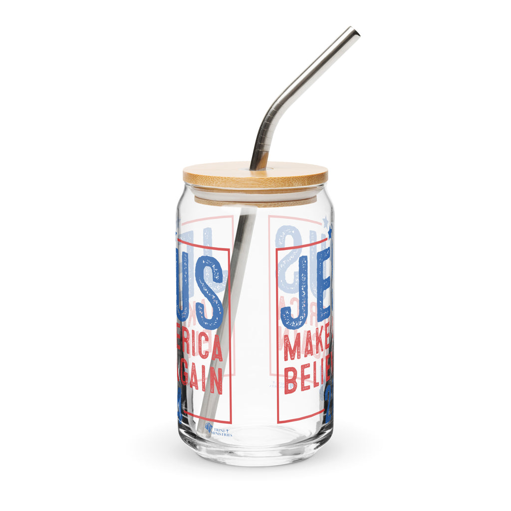 Jesus 2024 - Make America Believe Again glass can with bamboo lid and reusable straw, left side..