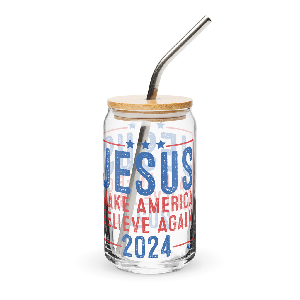 Jesus 2024 - Make America Believe Again glass can with bamboo lid and reusable straw against white background.